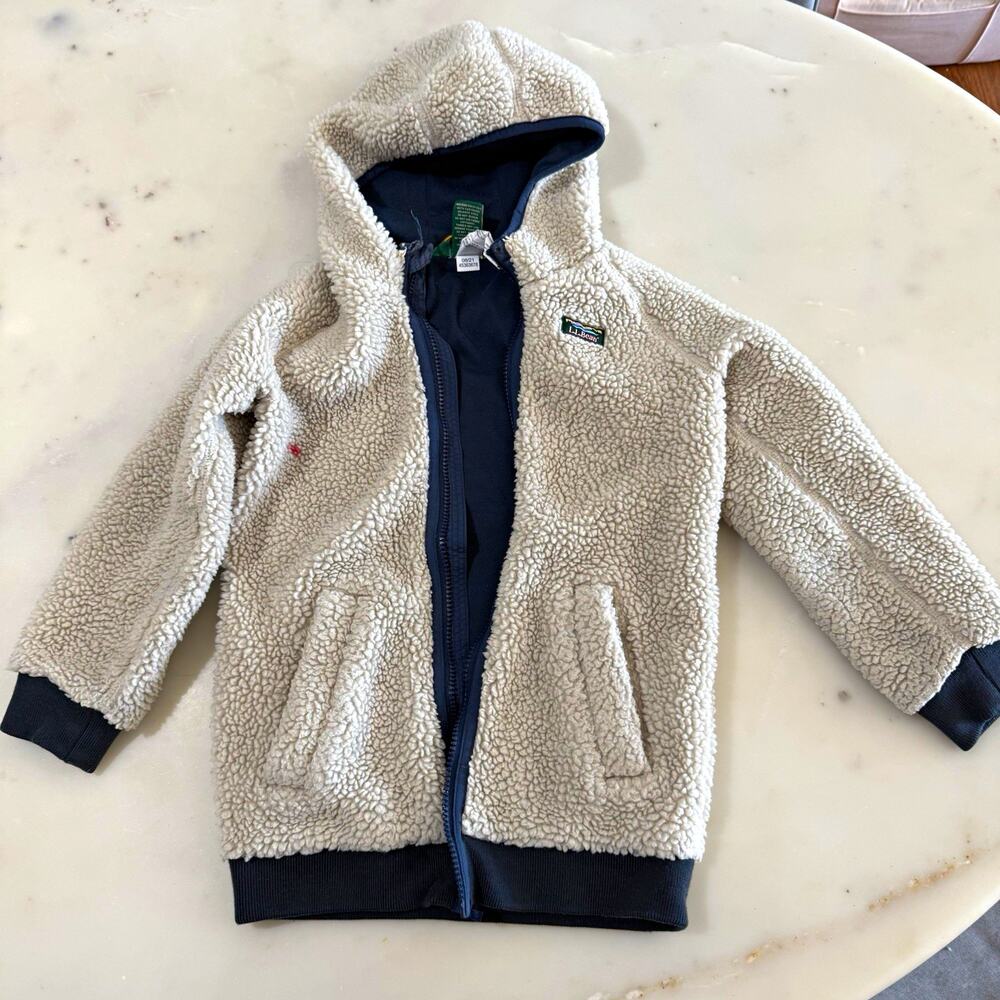 L.L.Bean Unisex Baby 5-6T Beige Navy Hooded Sherpa Fleece Full Zip Jacket FLAWED